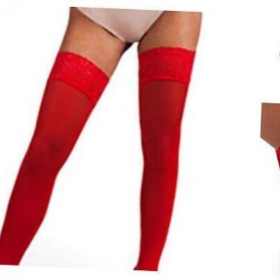 Lace Thigh High Stockings for Women - Hold Up Nylon Pantyhose Medium-Large Red